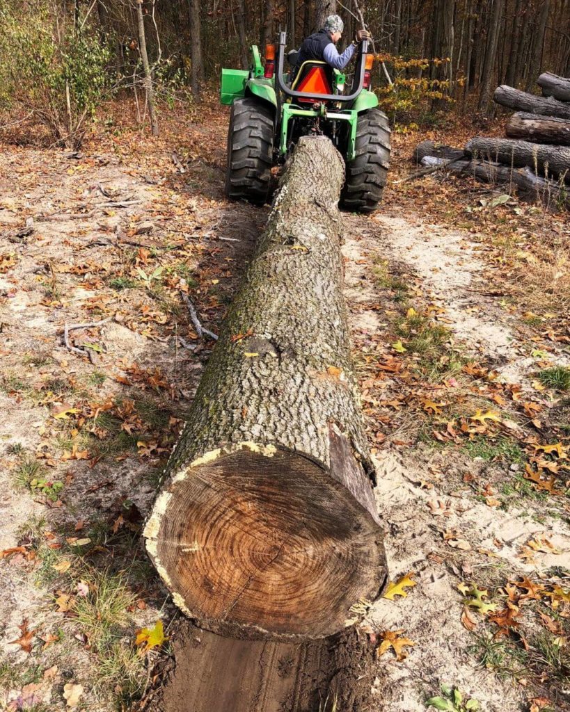 Pulling log behind tractor to make into bar for Lakeview Taproom