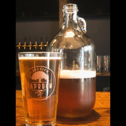 Lakeview Taproom announces beer to go service with a photo of craft beer in a growler and pint glass.