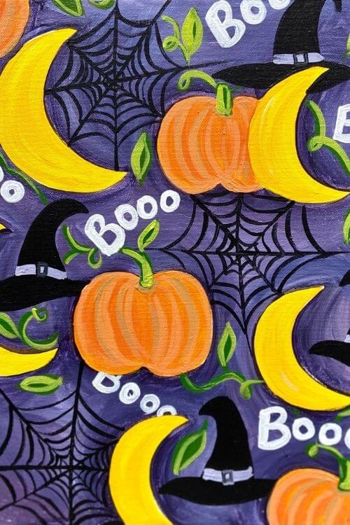 Halloween themed paint-your-own art in Chicago includes pumpkins, moons, spider webs, and withes hats