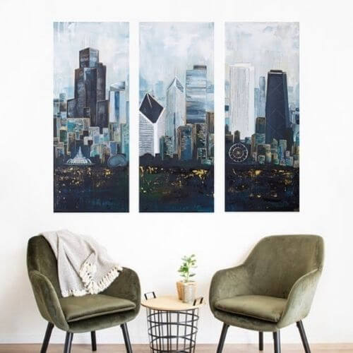 Chicago-Skyline-painting-represents-lakeview-art-show-at-taproom
